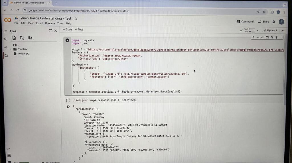 Capture d'écran montrant un exemple de code dans Google AI Studio avec des lignes de données en JSON.