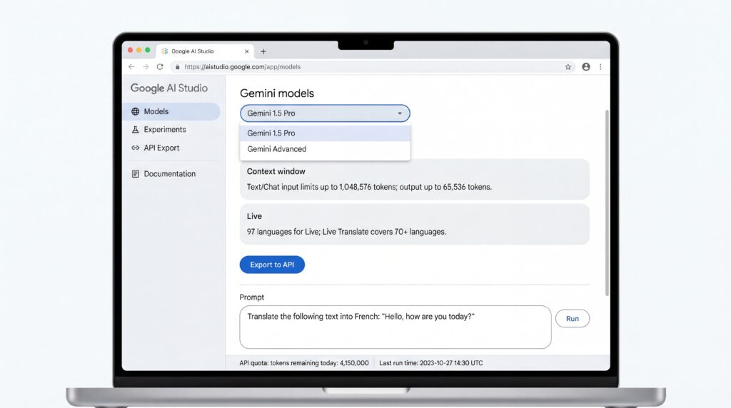 Capture d'écran montrant l'interface de Google AI Studio avec des options de modèles.
