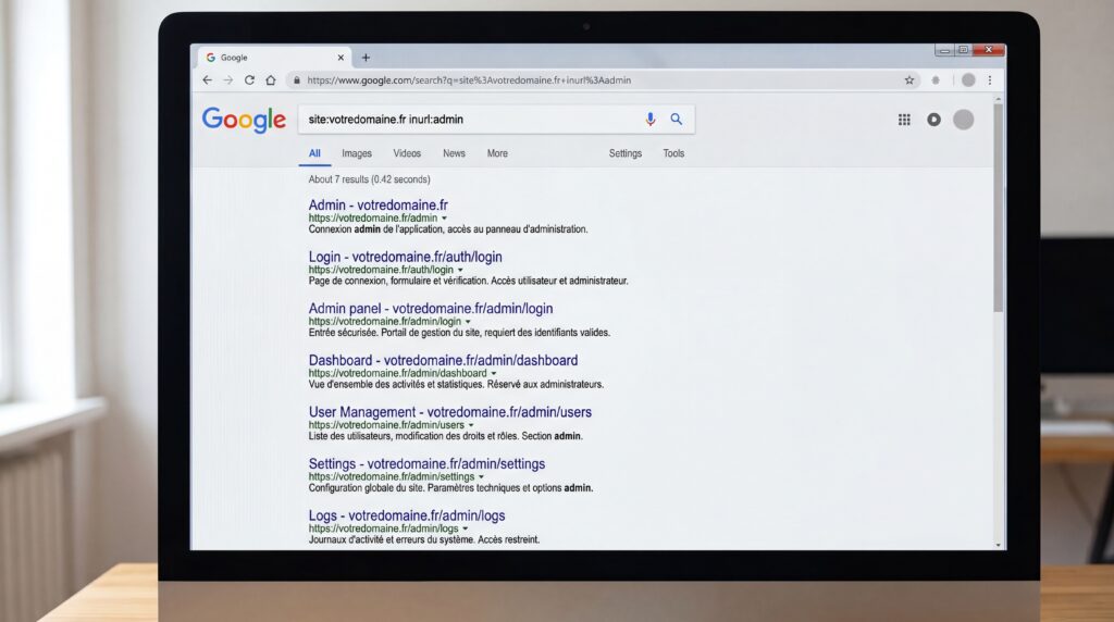 Capture d'écran des résultats de recherche Google montrant des requêtes liées aux Google Dorks.