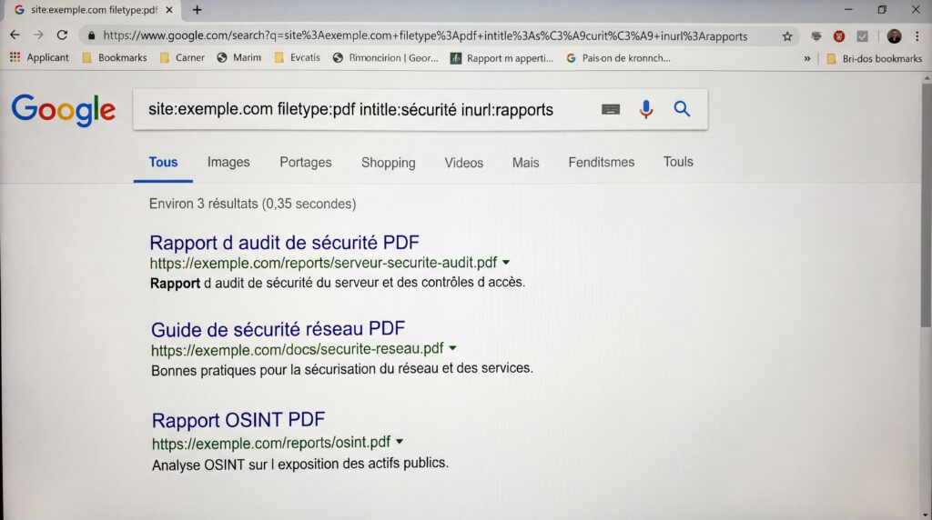 Capture d'écran des résultats de recherche Google présentant des rapports et des guides sur la sécurité informatique.