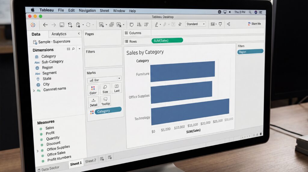 Écran d'ordinateur affichant un graphique des ventes par catégorie sur Power BI.