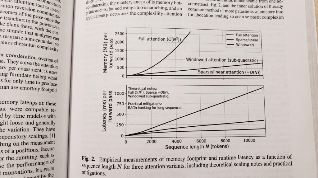 Graphiques illustrant les mesures empiriques de la capacité et de la latence en fonction de la longueur de la séquence pour différents modèles d'attention.