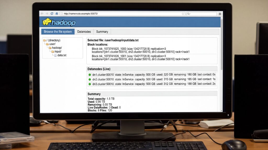 Capture d'écran de l'interface de Hadoop affichée sur un ordinateur de bureau.