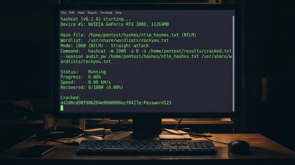 Écran d'ordinateur affichant l'interface de Hashcat avec des lignes de code et des informations techniques sur le fonctionnement de l'outil.