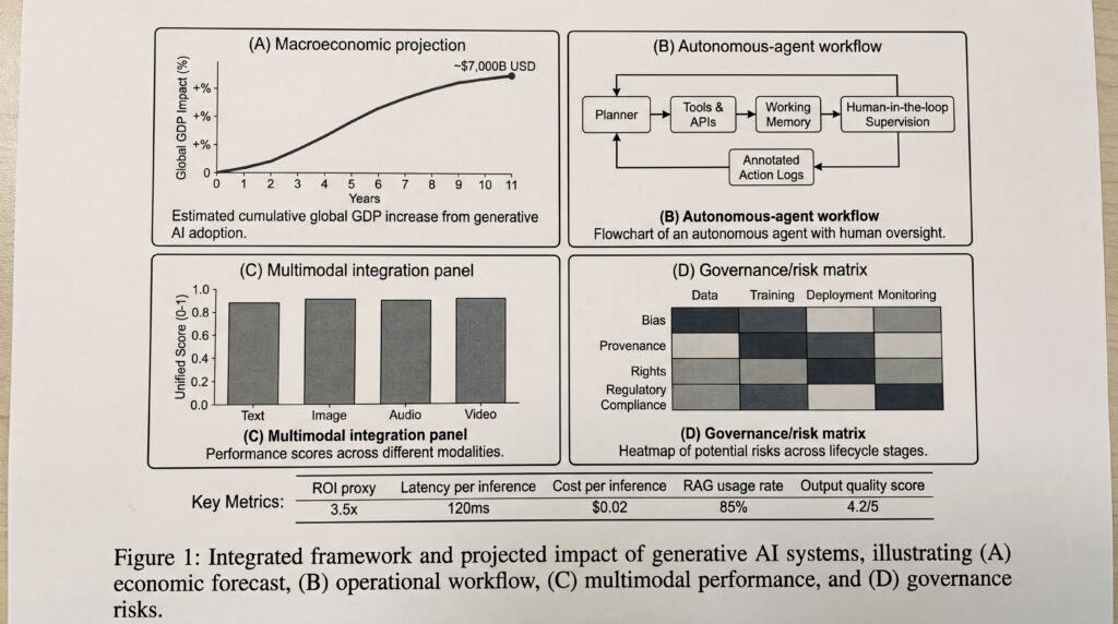 Graphiques illustrant l'impact projeté des systèmes d'IA générative, incluant une projection macroéconomique et des performances multimodales.