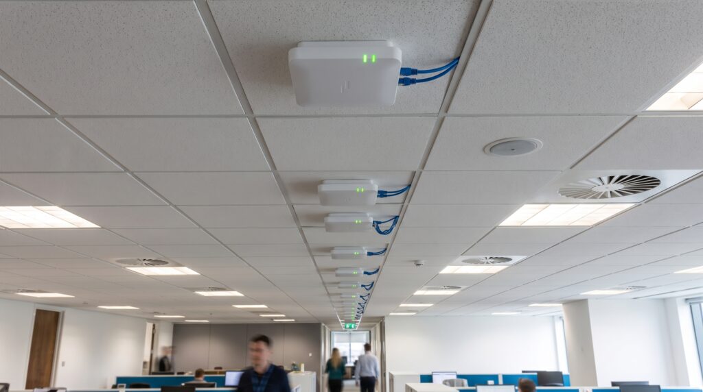 Points d'accès Internet sans fil installés au plafond d'un bureau moderne.