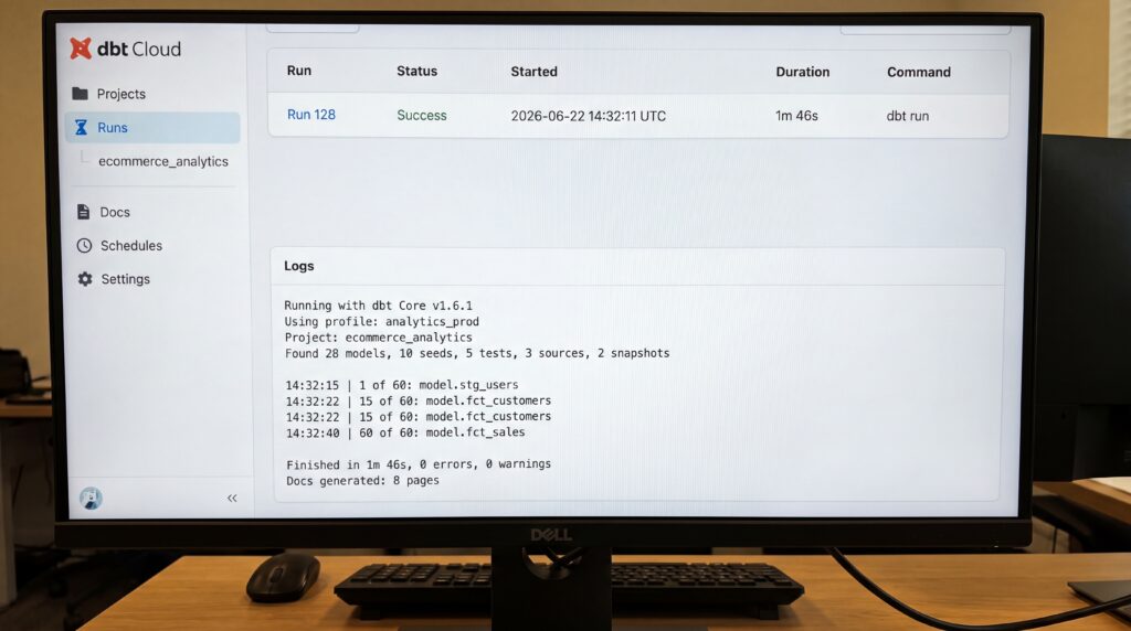 Capture d'écran montrant l'interface du logiciel dbt, avec des informations sur l'exécution de transformations de données.
