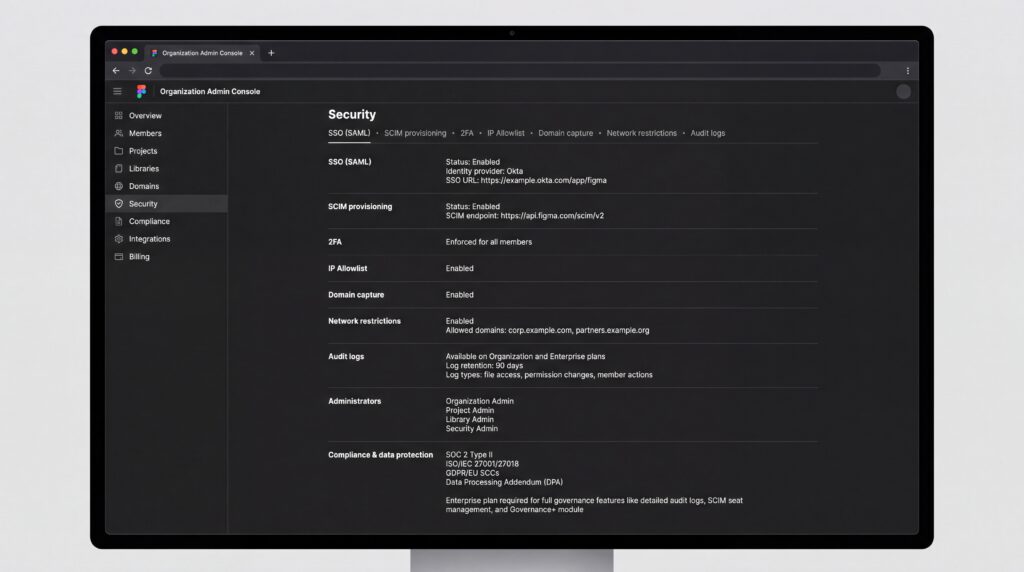 Écran d'interface Figma montrant les paramètres de sécurité et des informations techniques.