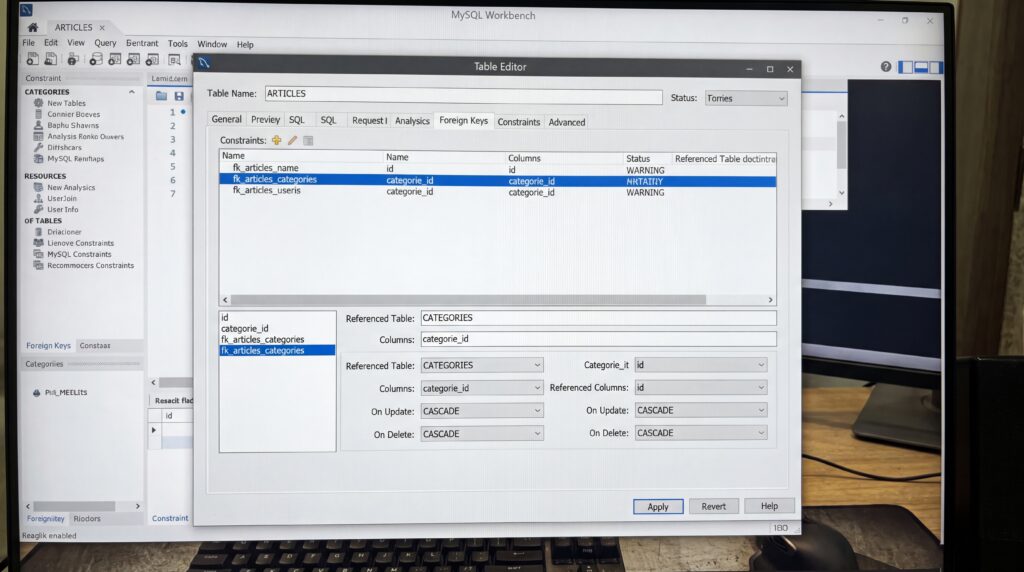 Interface de gestion de base de données SQL montrant des colonnes et des tables.