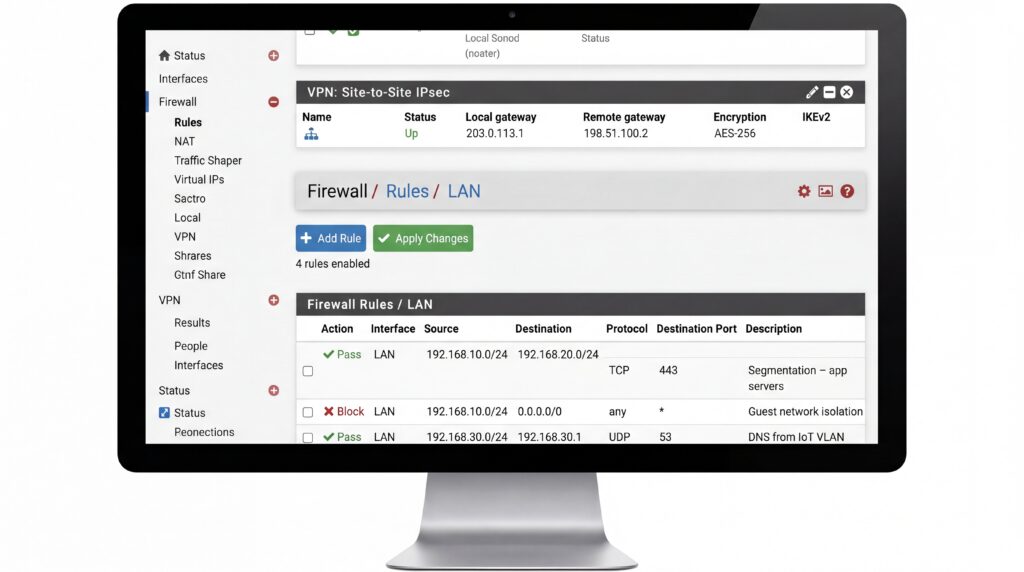 Capture d'écran d'une interface de gestion de firewall montrant les paramètres de sécurité des réseaux.