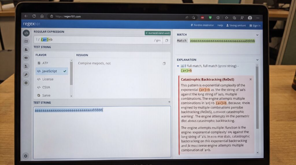 Capture d'écran d'un logiciel montrant une interface d'écriture de expressions régulières avec des conseils de syntaxe.