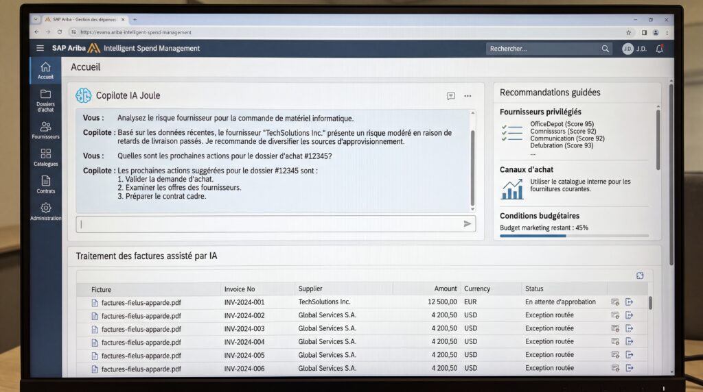 Écran affichant l'interface de SAP Ariba pour la gestion des achats, montrant les fonctionnalités et les recommandations.