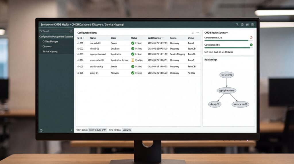 Écran affichant l'interface de gestion de la plateforme cloud ServiceNow avec des tableaux et des graphiques.