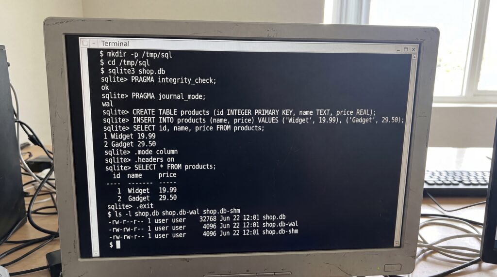 Écran d'ordinateur affichant une interface de commande SQLite avec des requêtes SQL en cours d'exécution.