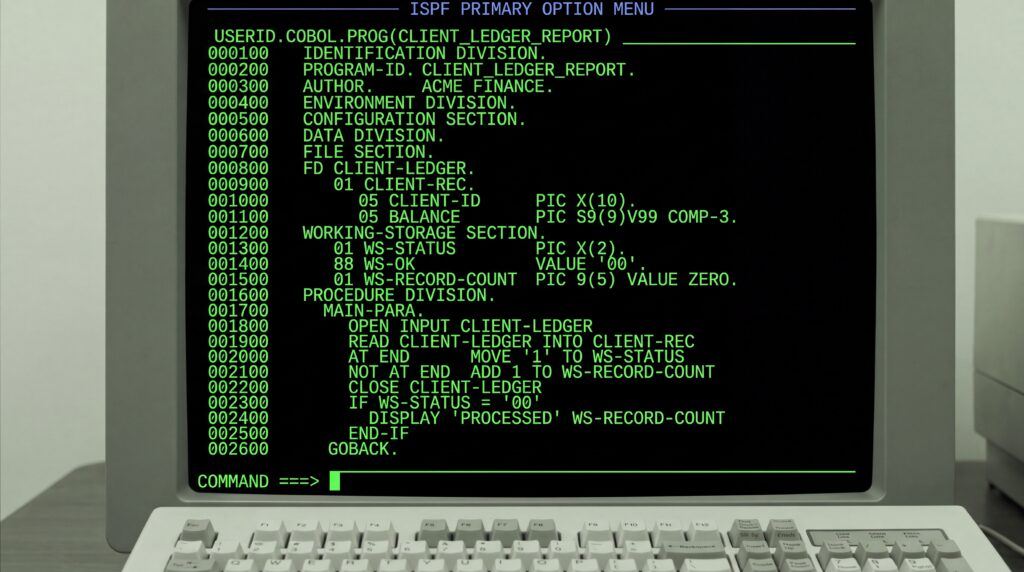 Écran d'ordinateur ancien affichant du code COBOL avec une interface en texte vert sur fond noir.