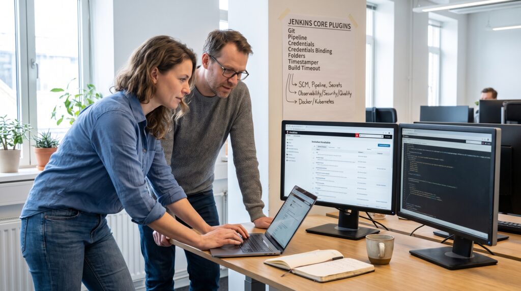 Deux personnes collaborant sur un projet informatique, avec un ordinateur portable et des écrans affichant des données de développement.