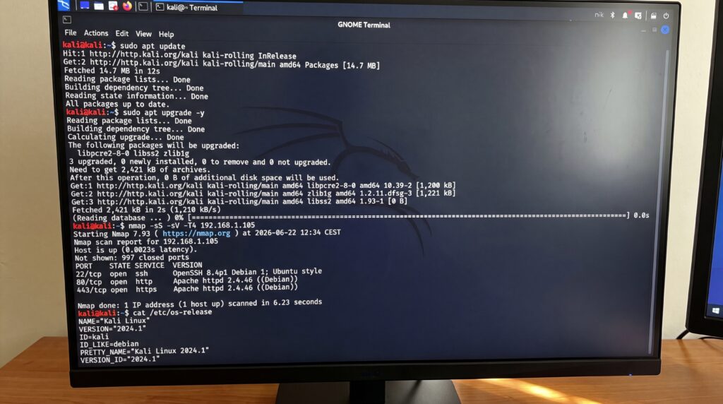 Capture d'écran du terminal Kali Linux affichant des commandes de tests d'intrusion.