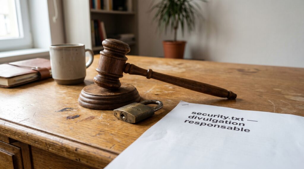 Un marteau de juge posé sur un bureau en bois à côté d'un document sur la sécurité et un cadenas.