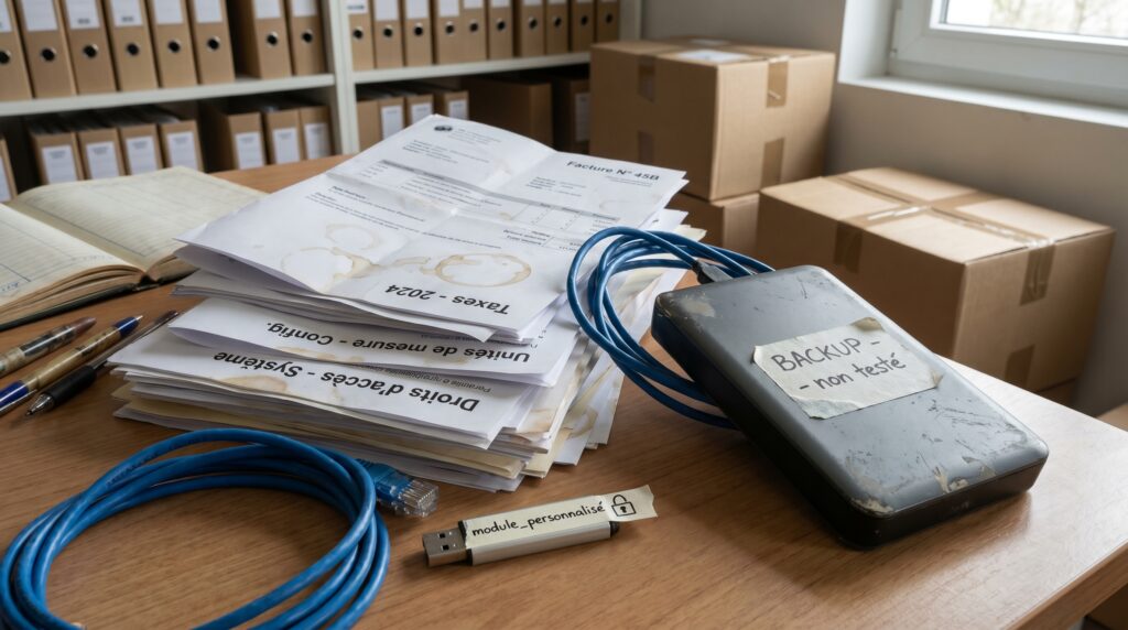 Un bureau avec des documents, un disque dur externe et des câbles, illustrant l'organisation nécessaire pour une formation Odoo.