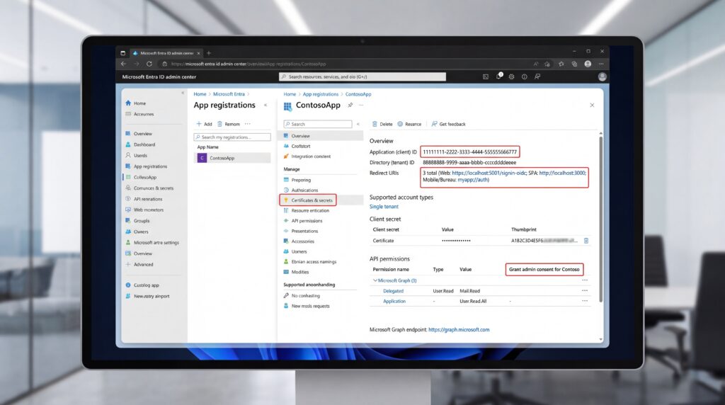 Capture d'écran des paramètres d'application dans Microsoft Graph, affichant les informations essentielles pour la gestion.