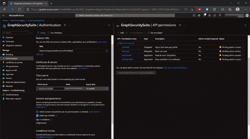 Interface de Microsoft Graph montrant les paramètres d'authentification et les permissions de l'API dans un environnement sombre.