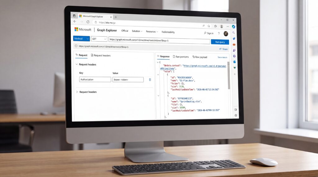 Écran d'ordinateur affichant l'interface de Microsoft Graph avec des données en code.