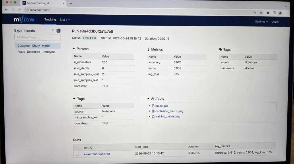 Interface de MLflow affichant les projets et les métriques de machine learning.