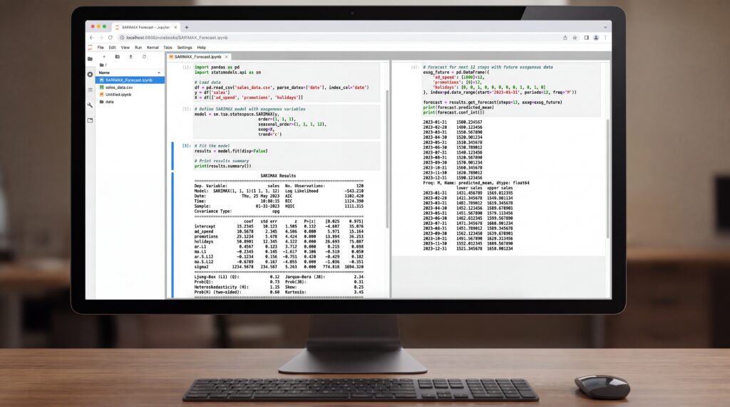 Écran d'ordinateur affichant du code et des résultats d'analyse de séries temporelles.