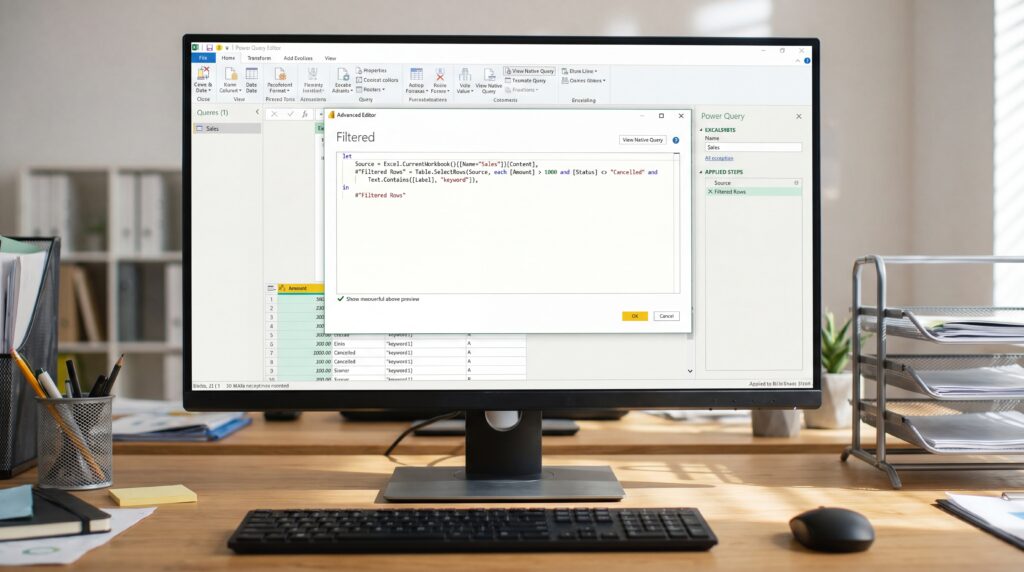Écran d'ordinateur affichant une interface Excel avec une formule Power Query ouverte.