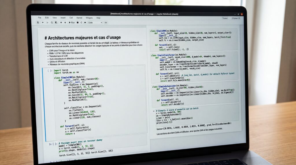 Écran d'ordinateur portable affichant du code informatique sur un fond de bureau en bois.