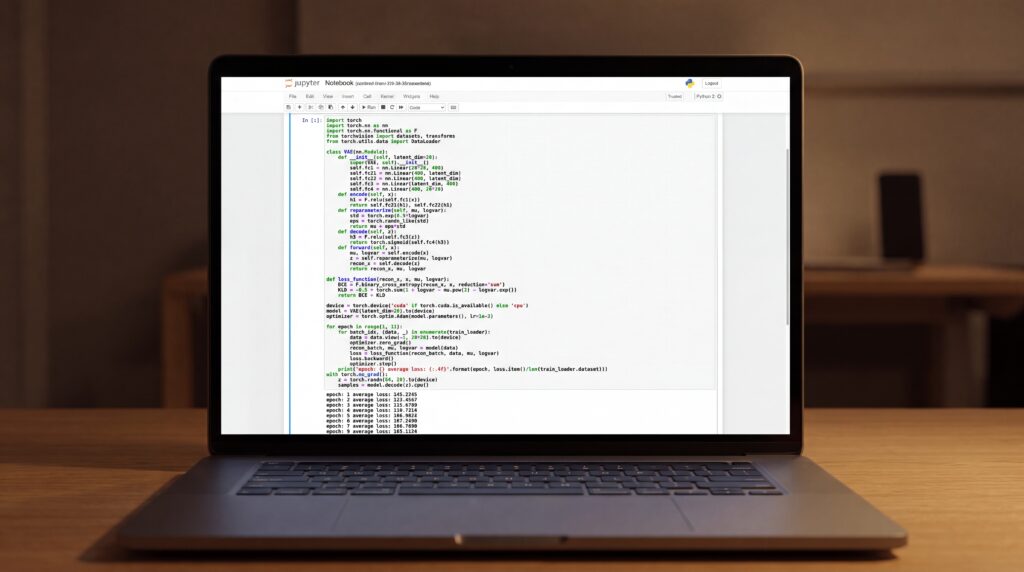 Un ordinateur portable affichant du code, illustrant le travail sur les Autoencodeurs Variationnels (VAE).