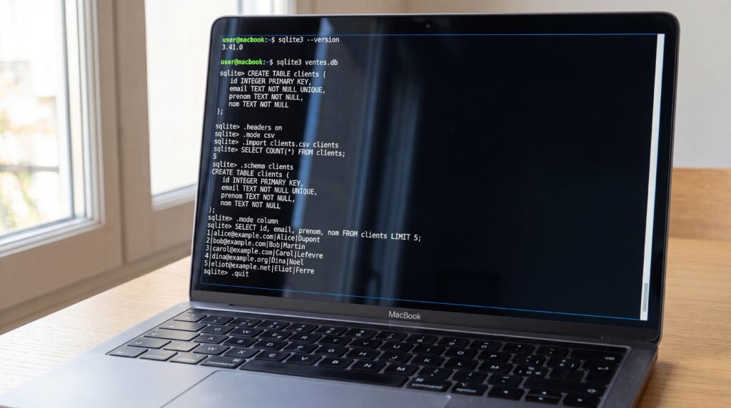 Ordinateur portable affichant un terminal avec des lignes de code sur un fond sombre.