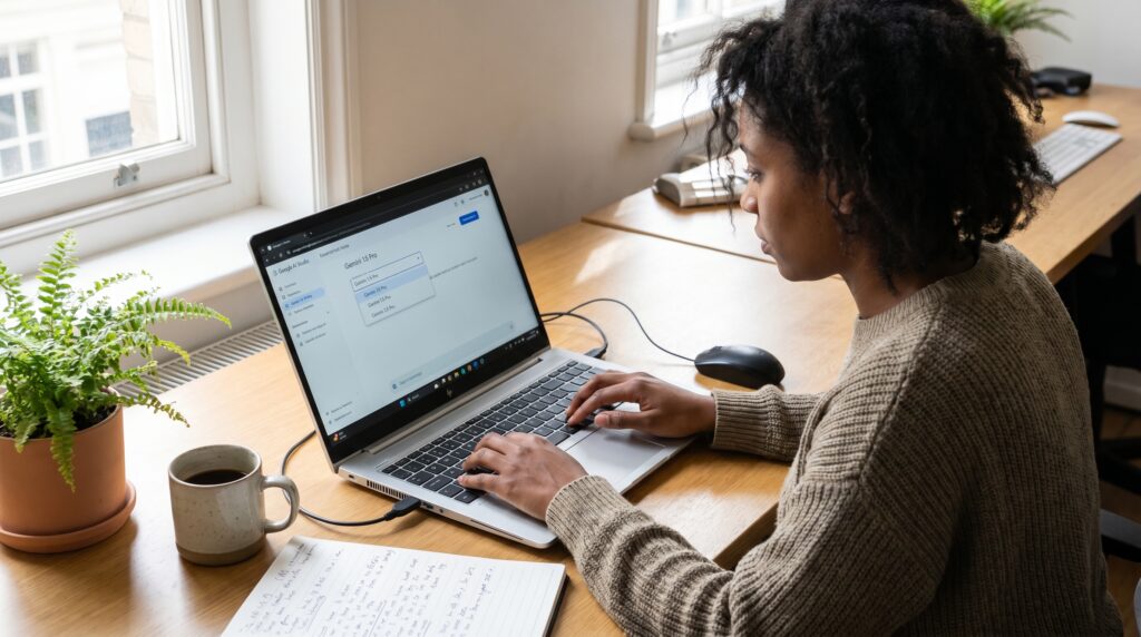 Une personne utilisant un ordinateur portable pour travailler sur Google AI Studio, avec une tasse de café et des notes sur son bureau.