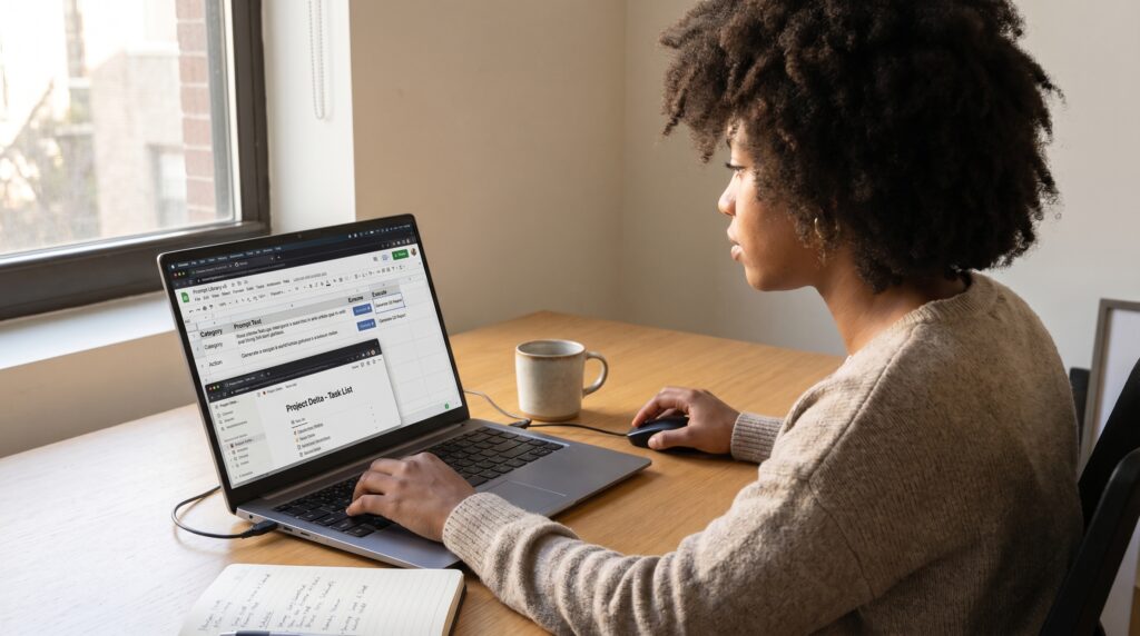 Femme concentrée travaillant sur un ordinateur portable avec une tasse de café, illustrant l'utilisation d'une bibliothèque de prompts IA.