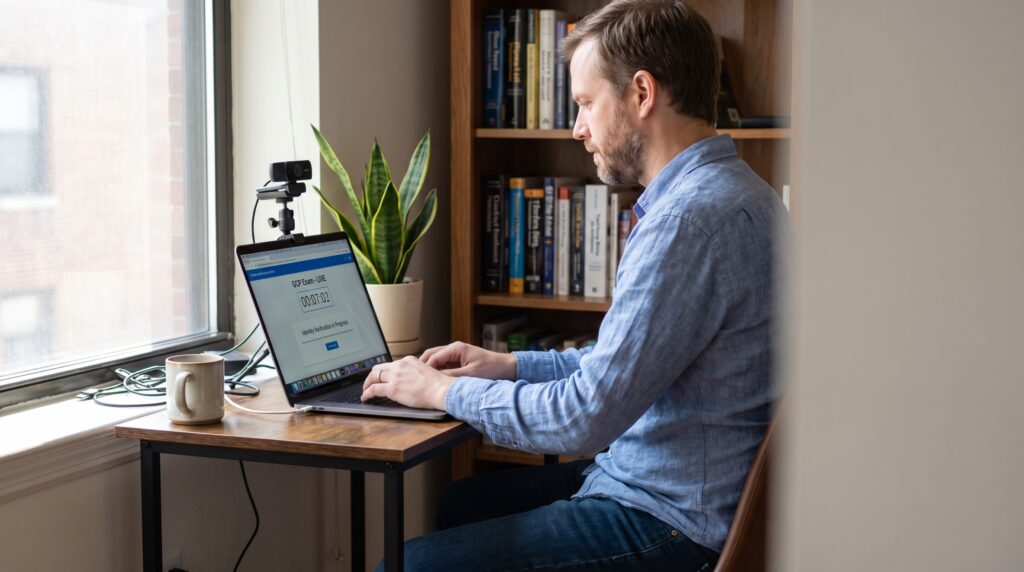 Un homme travaillant sur son ordinateur portable à un bureau près d'une fenêtre, entouré de plantes et de livres.