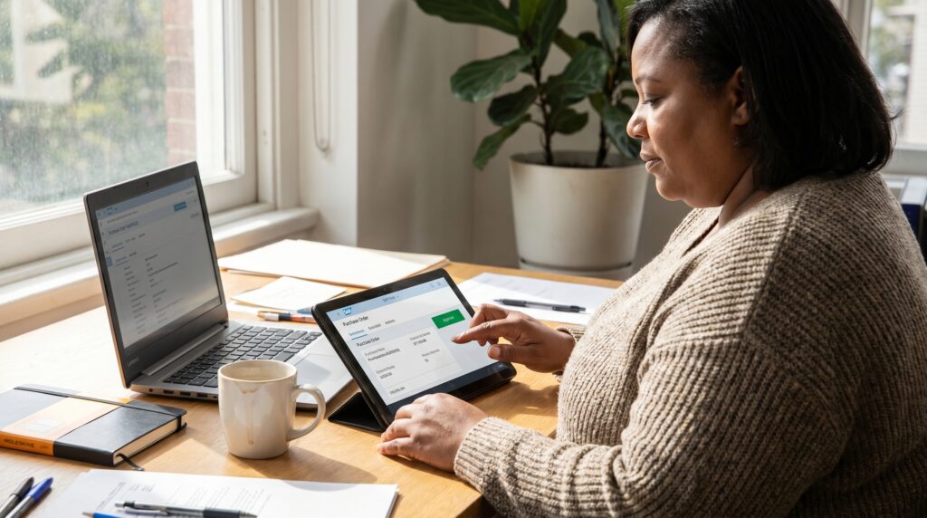 Femme utilisant une tablette à un bureau avec un ordinateur portable, visualisant des données.