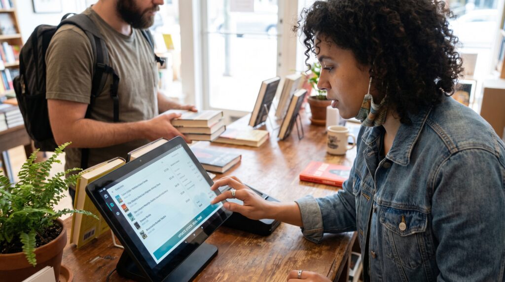 Une personne utilisant un terminal de paiement dans une librairie, avec des livres en arrière-plan.