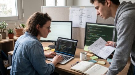 Deux personnes collaborant sur un projet SQL, l'une utilisant un ordinateur portable avec du code affiché, tandis que l'autre consulte des notes.