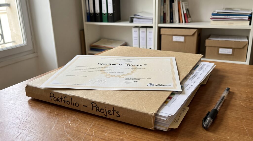 Un portfolio avec des documents soigneusement agencés, incluant un certificat, sur un bureau en bois.
