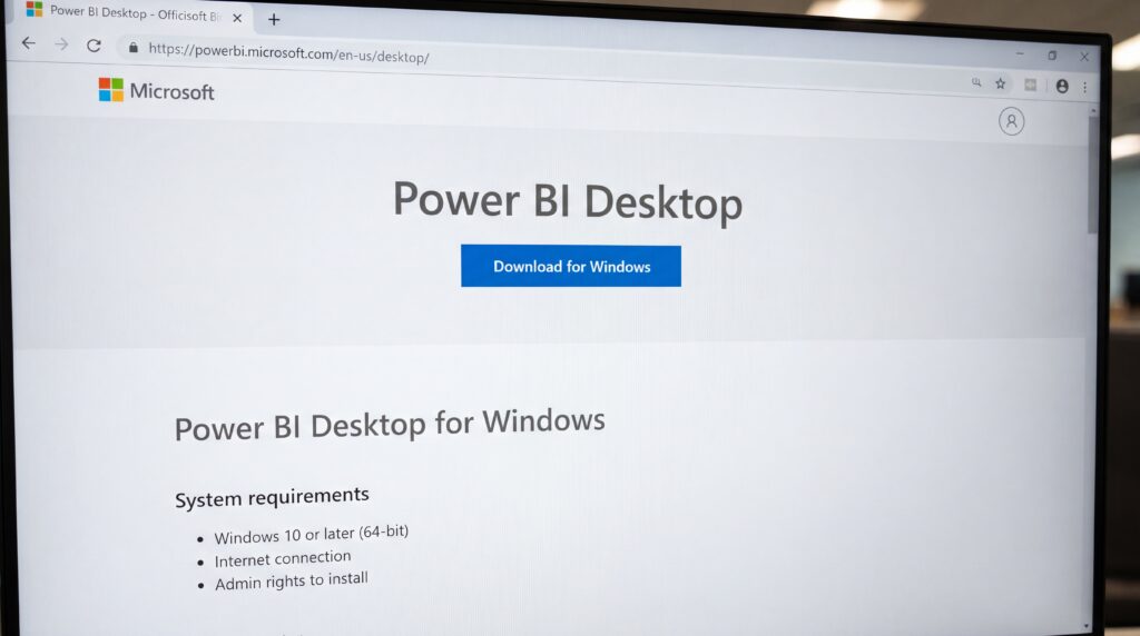 Capture d'écran du site Power BI Desktop pour Windows montrant les systèmes requis.