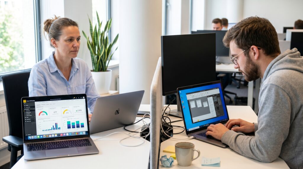 Deux personnes travaillant sur des ordinateurs portables, consultant des graphiques de données sur Power BI dans un bureau.