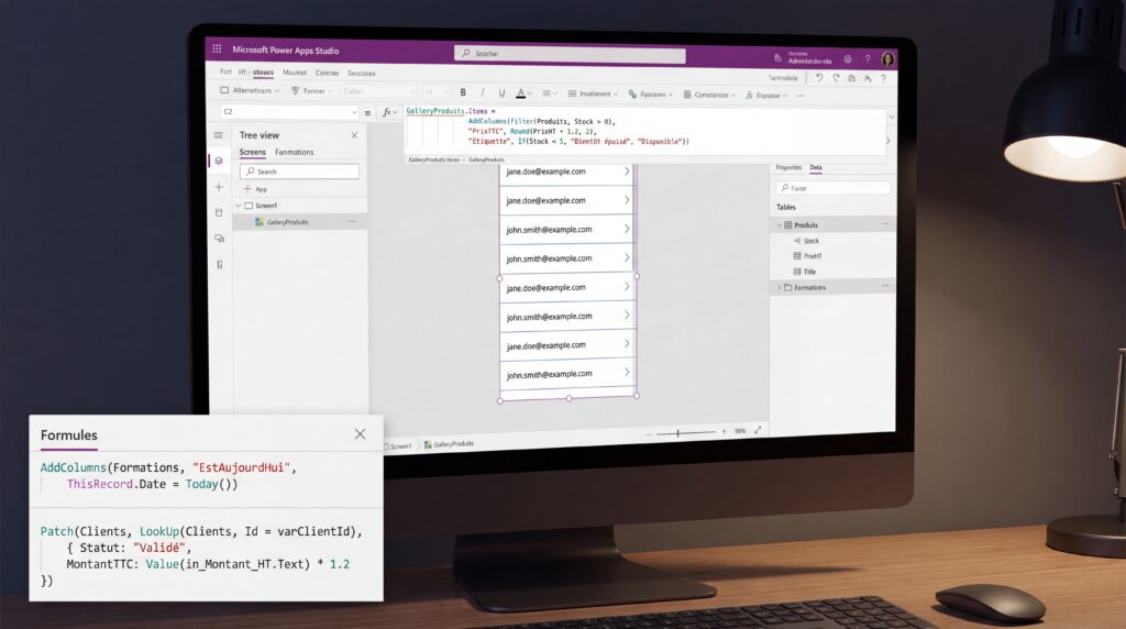 Écran d'ordinateur affichant l'interface du langage de formules Power FX de Microsoft avec des éléments de programmation.