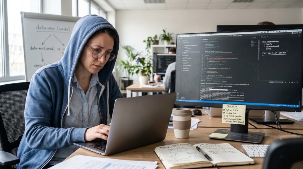 Un programmeur travaillant sur un ordinateur portable avec des lignes de code sur un grand écran, dans un environnement de bureau.