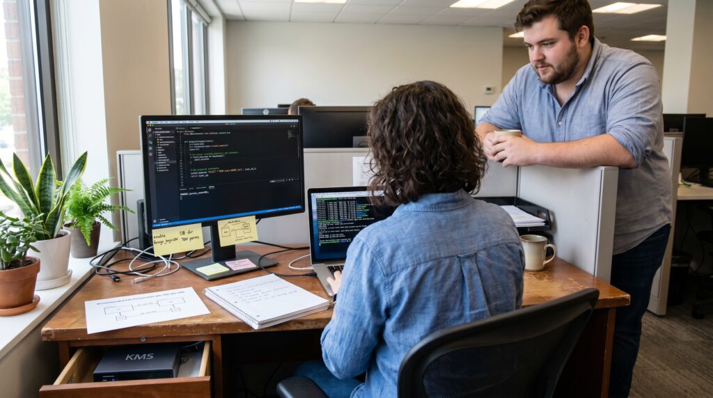 Deux développeurs discutant autour d'un bureau de travail, avec des écrans affichant du code et des notes manuscrites.