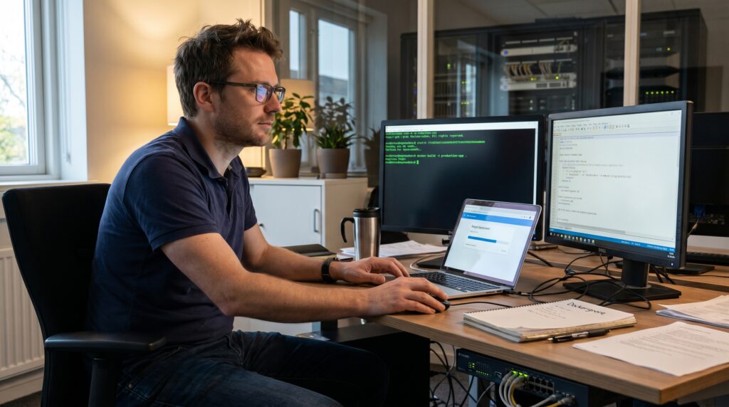Un programmeur travaillant sur un ordinateur avec du code Python affiché sur des écrans.