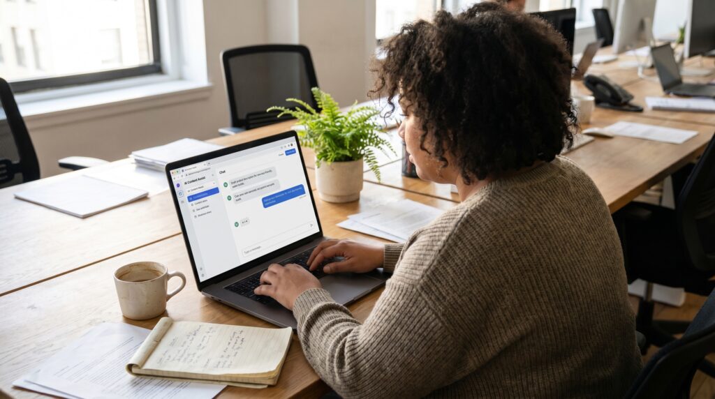 Femme travaillant sur un ordinateur portable à une table, en utilisant un logiciel de chat en ligne dans un environnement de bureau.