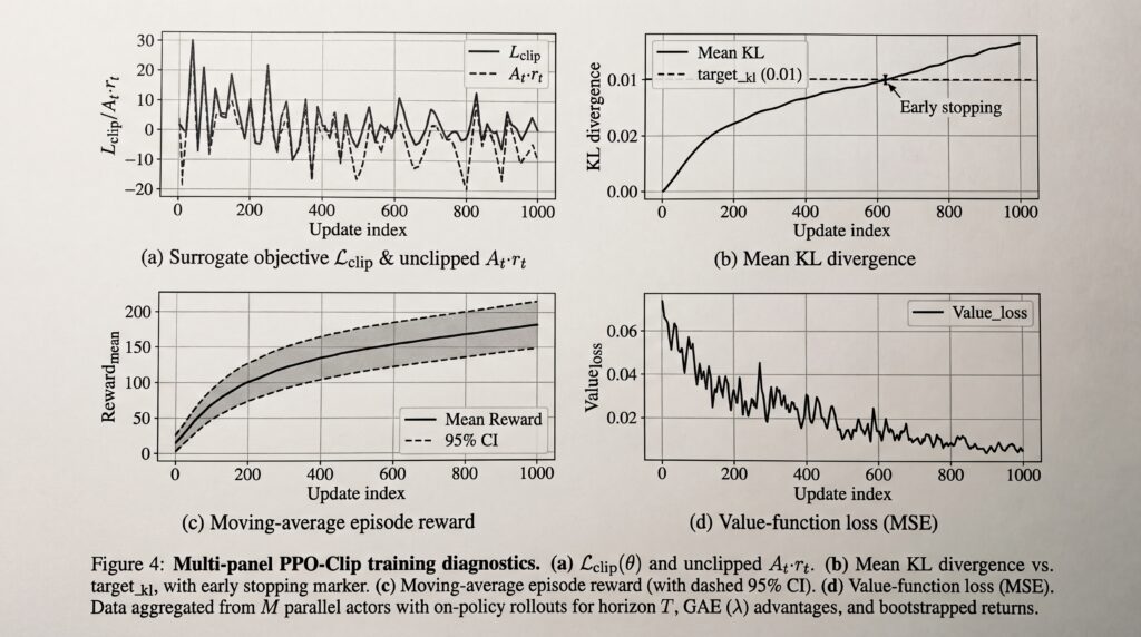 Quatre graphiques montrant les performances de l'algorithme Proximal Policy Optimization, incluant la fonction objectif, le temps de convergence et les résultats d'entraînement.