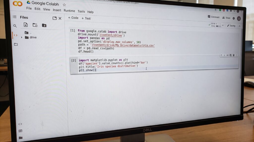 Écran affichant un code Python exécuté dans Google Colab, avec des lignes de code visibles sur l'environnement de programmation.