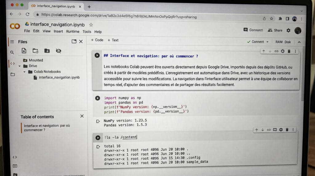 Écran d'ordinateur montrant l'interface de Google Colab avec un code Python en cours d'exécution.