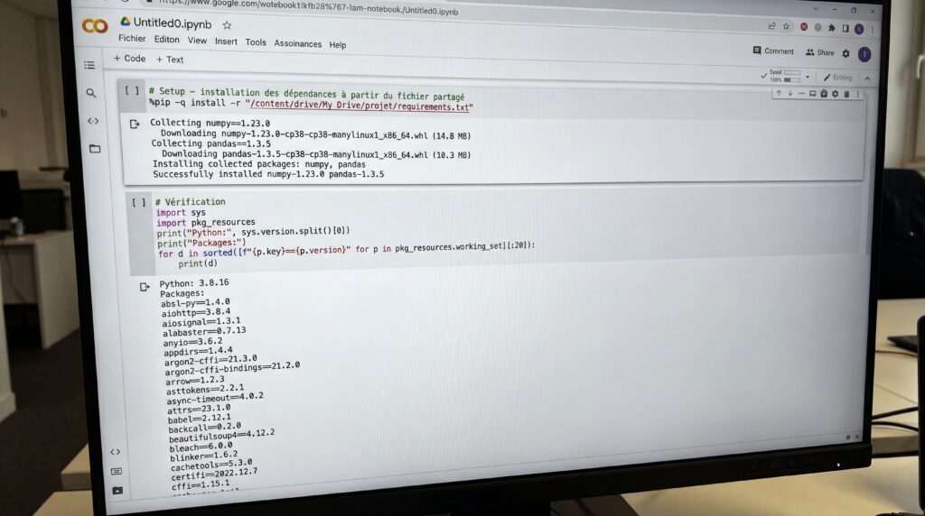 Écran affichant du code Python dans Google Colab, utilisé pour un projet d'équipe à distance.